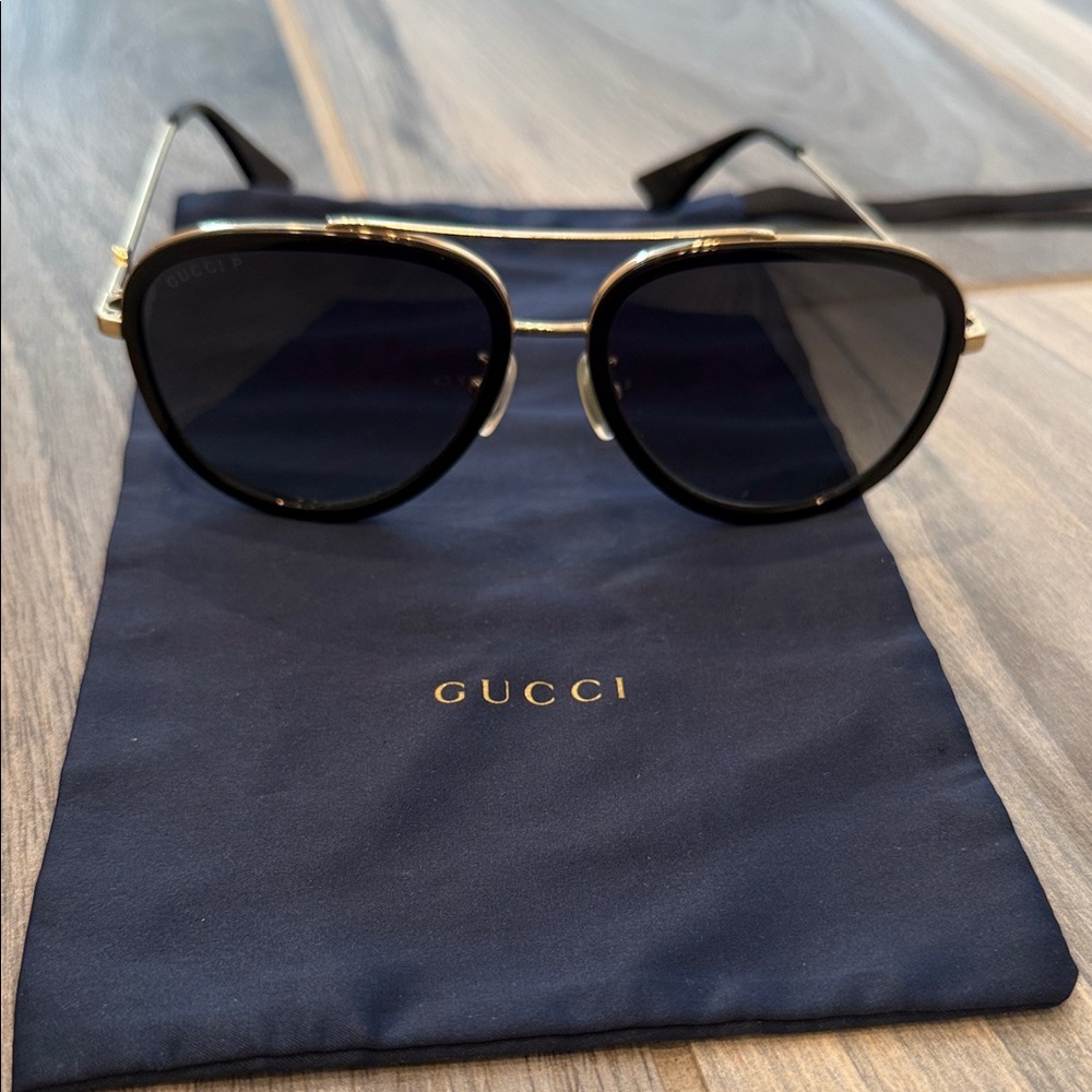 Gucci Black and Gold Aviator Polarized Sunglasses GG0062S